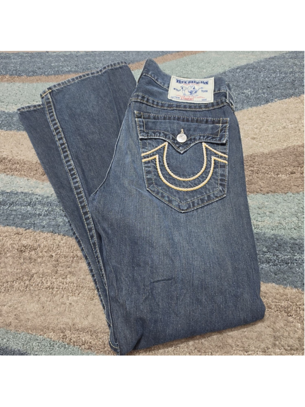True Religion Ricky Straight Jeans Mens 32 Made in USA Flap Pocket Denim